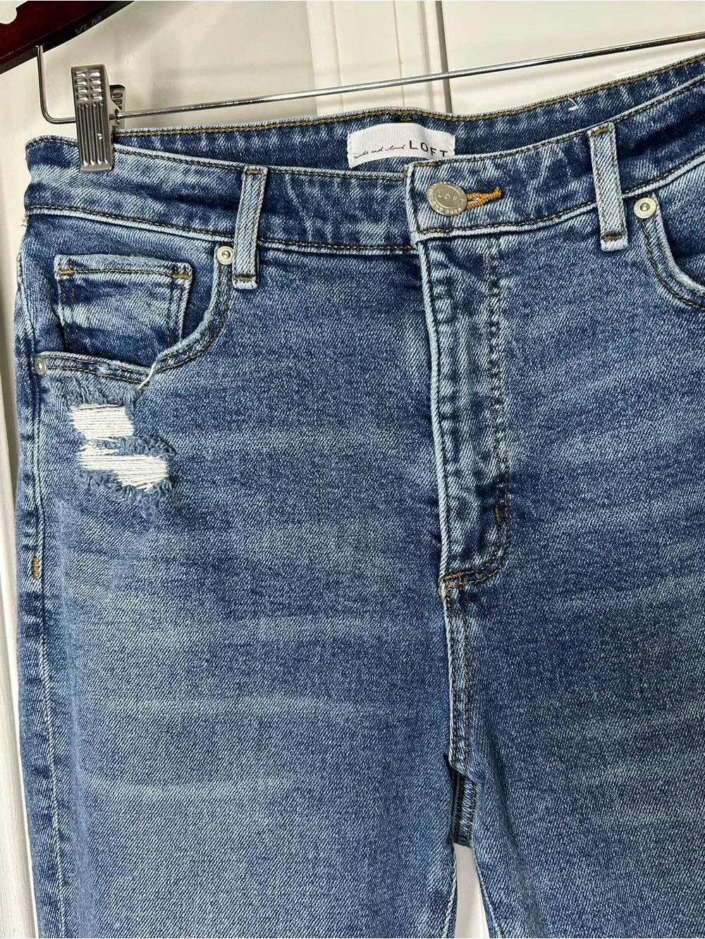 LOFT High Rise Skinny Jeans 29/8 Distressed Raw Hem Blue